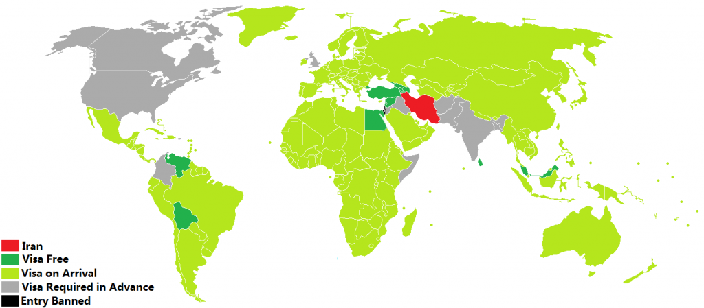 Visa policy map of Iran was valid as of October 10, 2016.